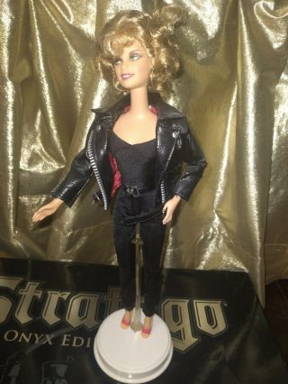 Grease Sandy Barbie Doll In Black Leather Jacket Outfit W/ Stand
