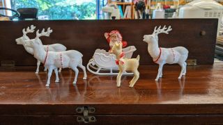 1960s Vintage Christmas Hard Plastic Santa Bobblehead Reindeer Ornaments