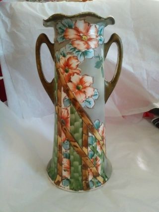 Vtg 1959 Nippon Royal Nishiki Moriage 12 " Floral Vase Double Handle Hand Painted
