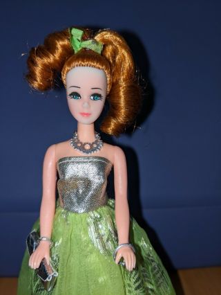 Vintage Dawn Doll Model Agency Red Haired Daphne Green Gown,  Purse,  & Jewelry