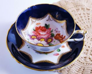 Vintage Paragon Cobalt Blue,  Gold,  Rose Floral Tea Cup & Saucer