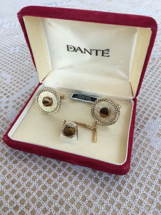 Vintage Dante Gold Tone Tiger Eye Cufflink & Tie Tac