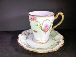 K) Limoges France Coronet Demitasse Cup And Saucer Gold Green Pink Green