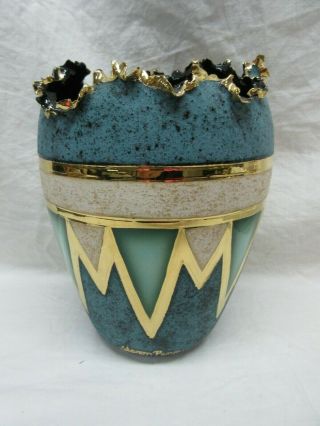 Vintage Southwest Art Pottery 8 " Turquoise Vase 22k Gold Signed Sharon Penn