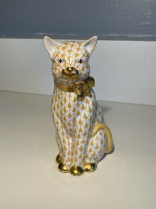 Herend Cat Figurines Hand Painted Limited Edition Porcelain With Gold Bow