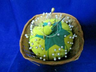 Large Antique Yellow Tomato Pin Cushion With Pins 5” Diameter In Basket