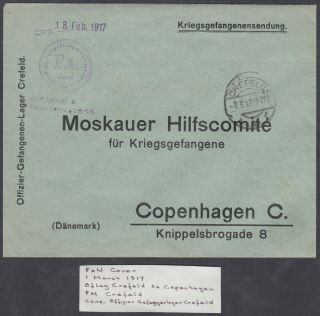 1917 Pow Cover,  Germany,  Crefeld To Copenhagen.  Denmark