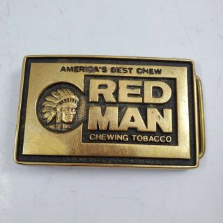 Vintage 1981 Bts Solid Brass Belt Buckle Red Man Chew Chewing Tobacco