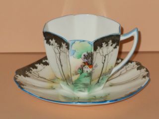 Tall Queen Anne Cup And Saucer/cottage And Trees