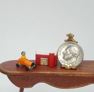 Vintage David Kuprick Wooden Barn & Racecar Nursery Toy Dollhouse Miniature 1:12 2
