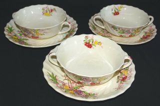 Spode England Fairy Dell Set Of 3 Cream Soups W/ Saucers