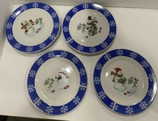 Vintage Studio 33 Christmas Dinner Plates Snowman Blue Trim - Set Of 8