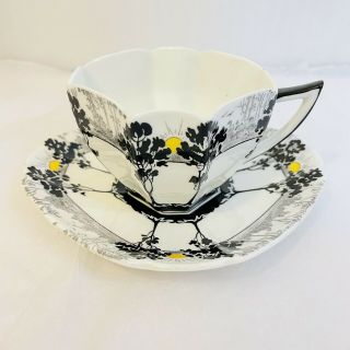 Shelley Queen Anne Cup And Saucer 11479 Tall Trees And Sunset Black White Yello