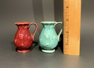(Pair) Vtg.  Shawnee Pottery Miniature Burgundy & Turquoise Embossed Bud Pitchers 2