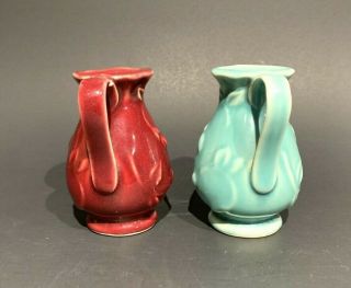 (Pair) Vtg.  Shawnee Pottery Miniature Burgundy & Turquoise Embossed Bud Pitchers 3