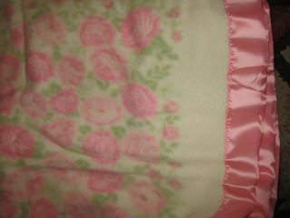 70 X 90 Vintage Wool Blend Blanket With Shiny Satin Trim Pink Flowers Pattern