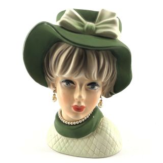 Vtg Ceramic Lady Head Vase Mid Century Planter Napco Napcoware C7495 Green Hat