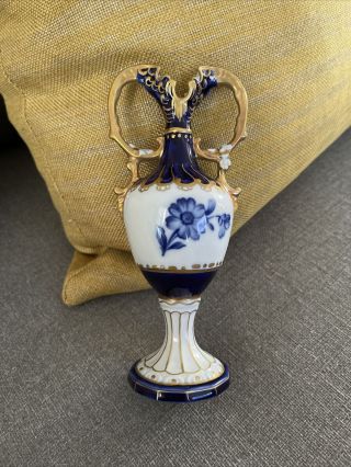 Royal Dux Porcelain Cobalt Blue Floral Decorated Flowers Vase Gold Gilt Paint