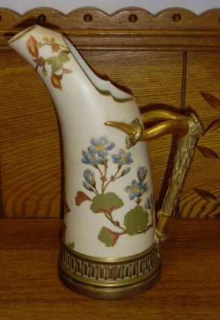 Antique 1887 Royal Worcester Pitcher 1116 W/ Porcelain Antler Handle - 9 1/4 "