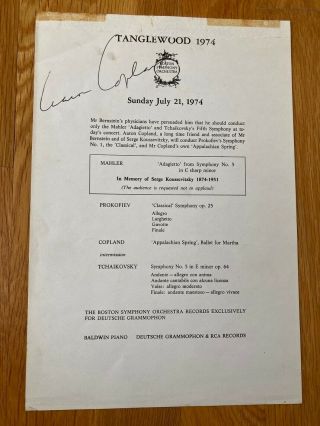 Aaron Copland Signed Tanglewood 1974 Concert Program Leonard Bernstein Conductor