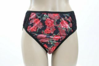 Vintage Panty Brief Higher Leg Nylon Lace Trim Red Roses Flowers Black Sz 7