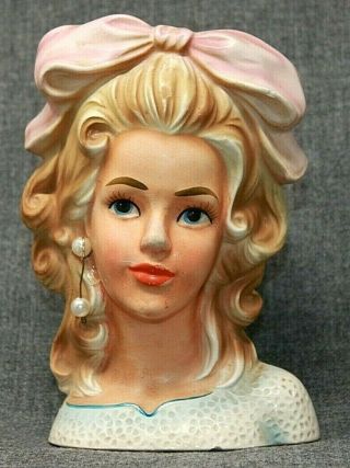 Vintage Enesco Smart Girl Head Vase Japan E - 9013,  Blonde Pink Bow 7 " Tall