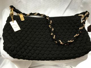 Lina Knit Black Clutch Purse With Gold And Black Rope Handles.  Pre - Owned.