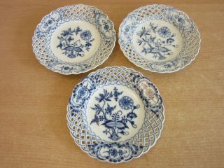 3 Antique Miessen,  Germany Reticulated Pierced Blue Onion Porcelain Plates 6 "
