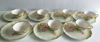 Lefton Heritage Green Pink Roses Hand Painted Snack Plate And Cup Set Of 7 - 3071