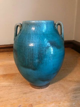 Ben Owen Iii 2 Handled Chinese Blue Nc Pottery Vase 7.  5 " Signed 1999