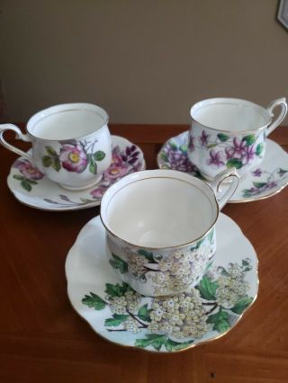 Vintage Royal Albert Bone China Flower Of The Month - Set Of 3 Teacups & Saucers
