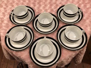 Set Of 6 Ralph Lauren Spectator Black Cups And Saucers Silver Trim
