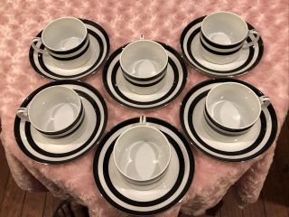 Set Of 6 Ralph Lauren Spectator Black Cups And Saucers Silver Trim 2