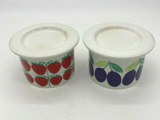 2 Vtg Arabia Finland Pomona Preserve Ramekin Jam Jars W Lids Strawberry And Plum