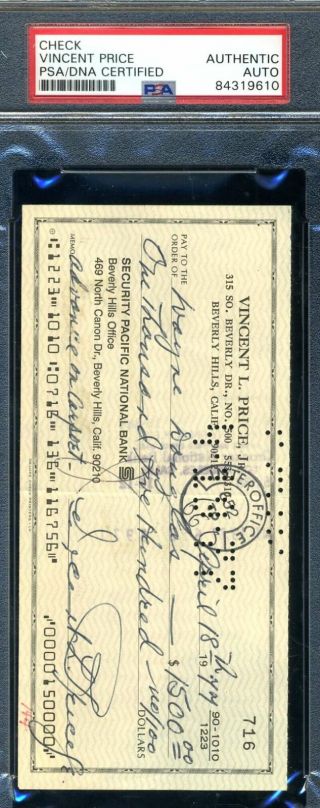 Vincent Price Psa Dna Signed 1974 Check Autograph