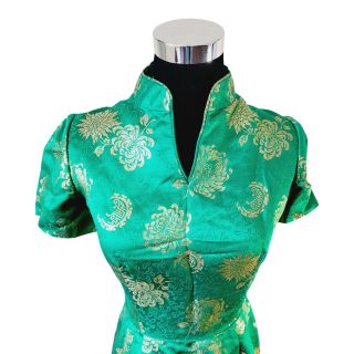Vintage Handmade Chinese Cheongsam Dress With Golden Floral Flowers