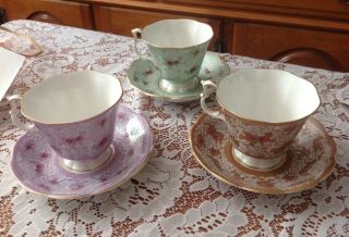 3 Royal Albert True Love Series Purple,  Green,  Tan White Lace Tea Cups Saucers