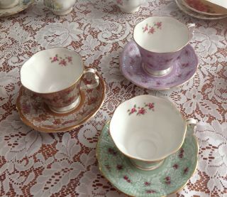 3 Royal Albert True Love Series Purple,  Green,  Tan White Lace Tea Cups Saucers 2