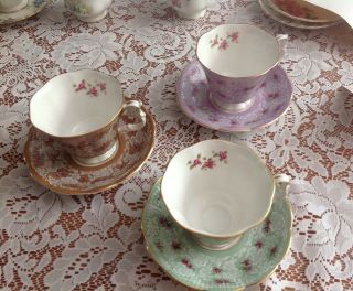 3 Royal Albert True Love Series Purple,  Green,  Tan White Lace Tea Cups Saucers 3