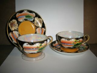 Antique Japanese Tea Cup Saucer Hand Painted Scenic Luster Hotta Japan Porcelain