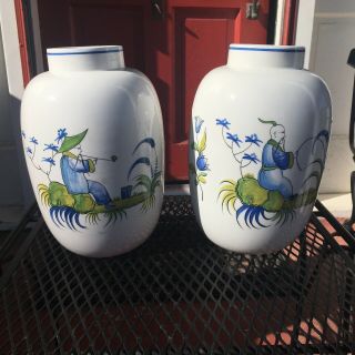 Mottahedeh Vases With Asian Motif White With Blue And Green Accents