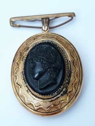Large Antique Jet Black Glass Cameo Old Photo Locket Necklace Pendant Brooch Pin