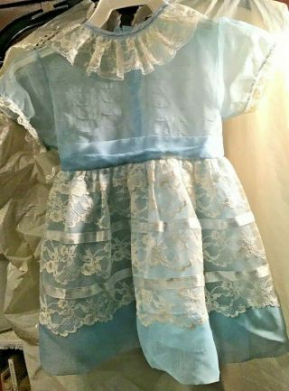 Vtg Blue Nylon Sheer S/s Girls Fancy Party Dress W/lace Full Skirt Chest 20 "