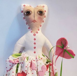 Primitive Folk Art Doll Handmade Love Hearts Girl
