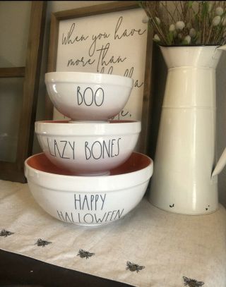 Rae Dunn Halloween Mixing Bowl Set - Ceramic,  White/orange Htf Boo,  Lazy Bones