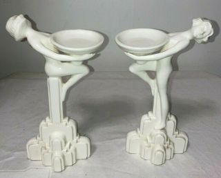 Vintage White Ceramic Fitz And Floyd Art Deco Nude Female Candle Holders