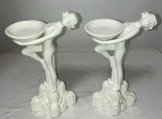 VINTAGE WHITE CERAMIC FITZ AND FLOYD ART DECO NUDE FEMALE CANDLE HOLDERS 2