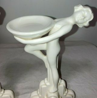 VINTAGE WHITE CERAMIC FITZ AND FLOYD ART DECO NUDE FEMALE CANDLE HOLDERS 3