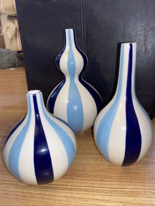 Vintage Jonathan Adler Happy Home Blue Stripes Vase Trio - Mid Century Modernist