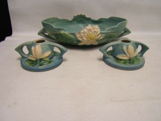 Roseville Water Lily Console Set Bowl & Candle Holders 441 - 10 " Green